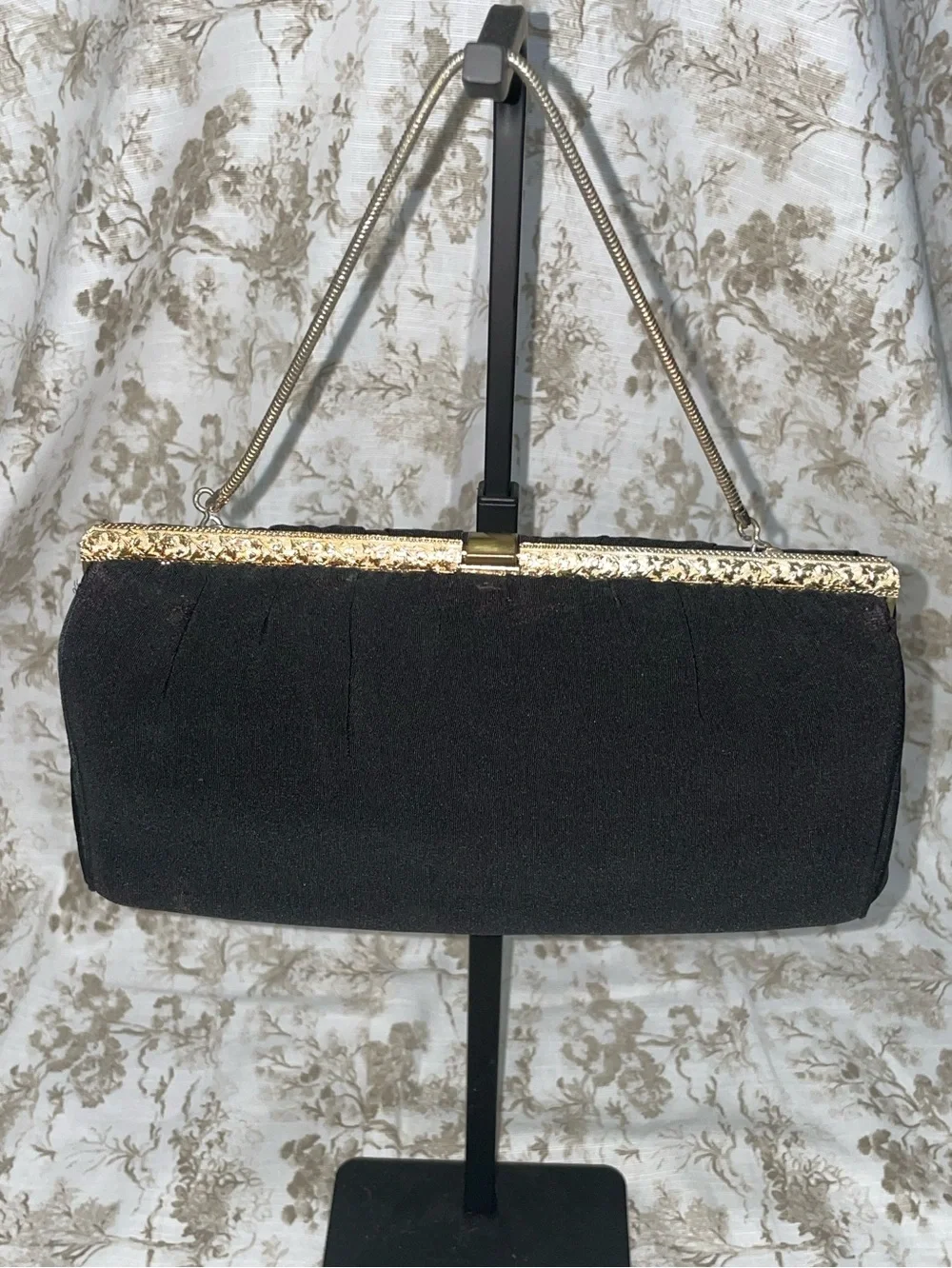 Vintage 1950s Harry Levine Black Evening Clutch with Gold Frame and Chain